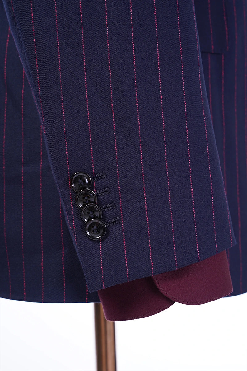 Navy Single-Breasted Suit with Red Pinstripe