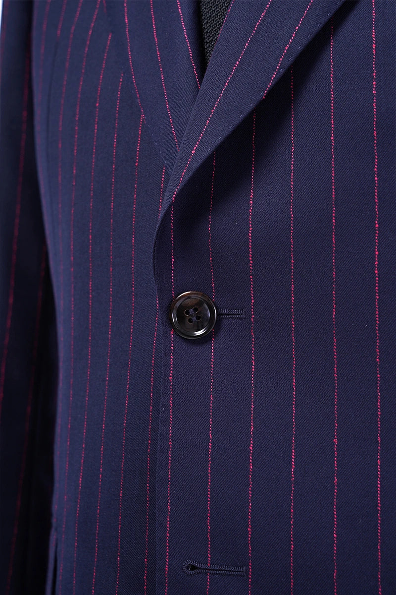 Navy Single-Breasted Suit with Red Pinstripe