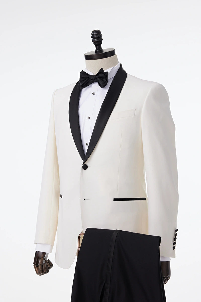 White Tuxedo Jacket with Black Pants and Black Satin Accents