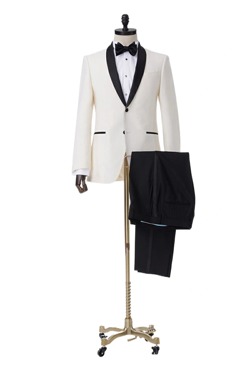 White Tuxedo Jacket with Black Pants and Black Satin Accents