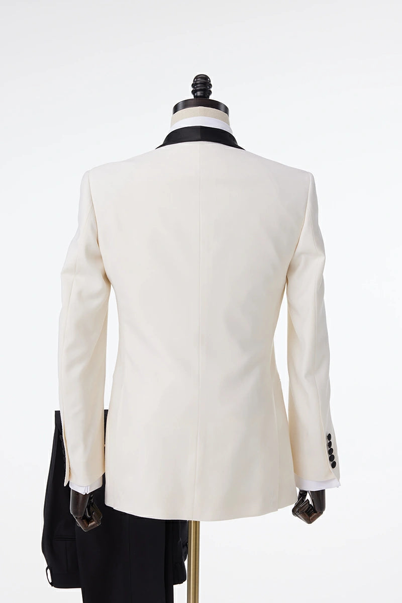 White Tuxedo Jacket with Black Pants and Black Satin Accents